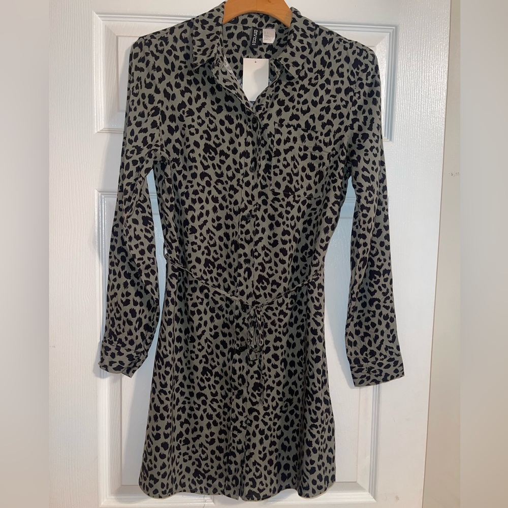 H&M Olive and Black Leopard Print Long Sleeve Shirt Dress